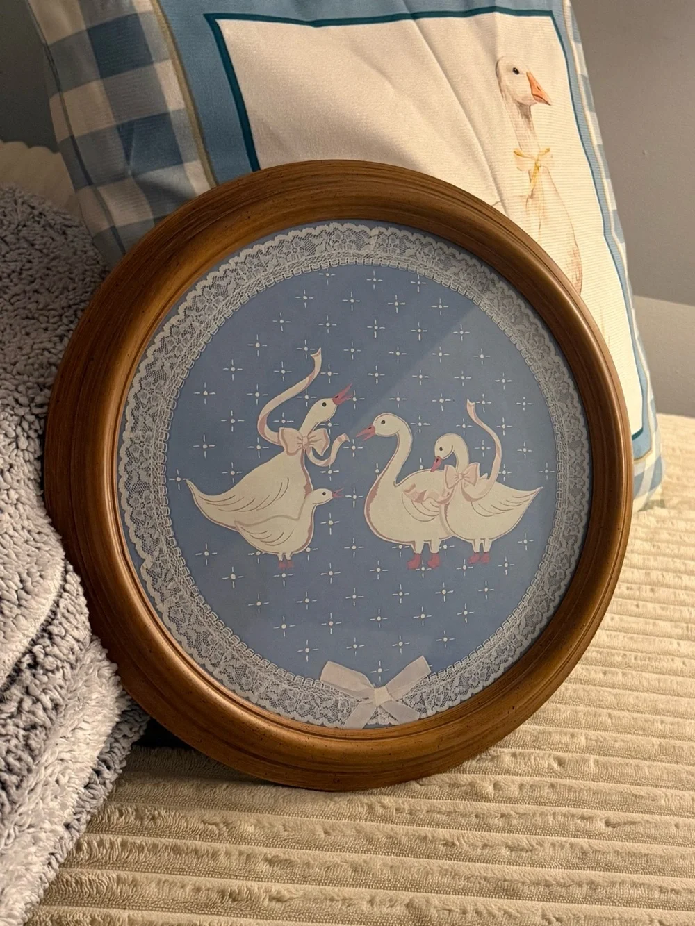 Blue Geese Family Round Wall Art with Wooden Frame